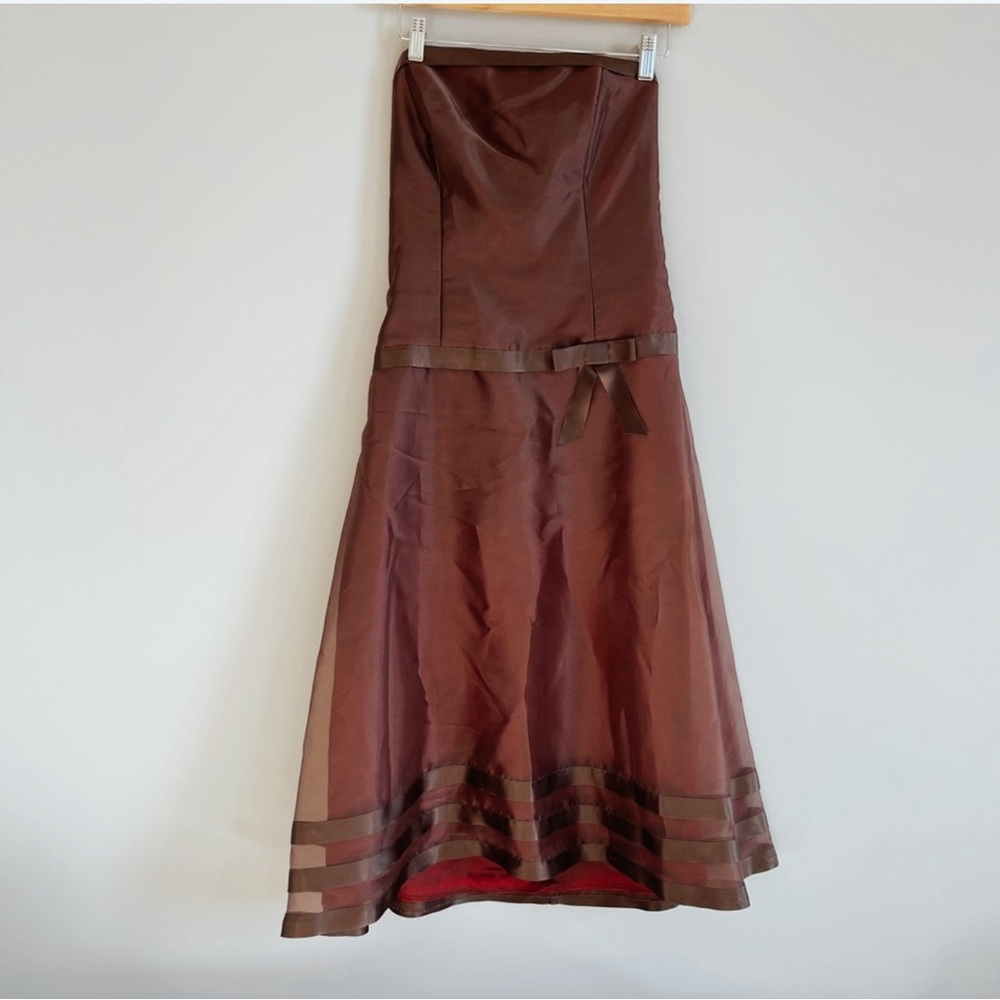VINTAGE 90s Formal Dress Strapless A-Line Brown Satin with Bow | Made in USA
